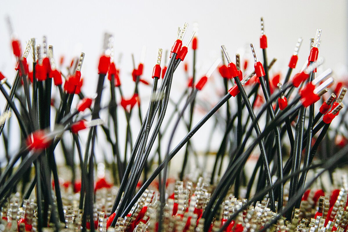 Schwarze Kabel, angeordnet wie Grashalme mit roten Enden.